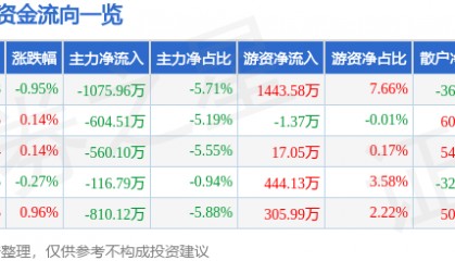 股票行情快报：雅戈尔（600177）6月13日主力资金净卖出1075.96万元