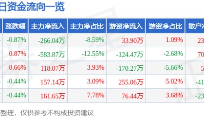股票行情快报：重庆水务（601158）2月5日主力资金净卖出266.04万元