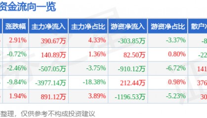 股票行情快报：嘉麟杰（002486）12月20日主力资金净买入390.67万元