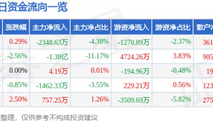 股票行情快报：网宿科技（300017）7月14日主力资金净卖出2348.63万元