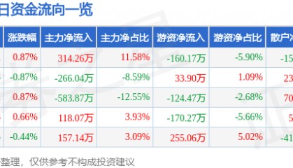 股票行情快报：重庆水务（601158）2月6日主力资金净买入314.26万元