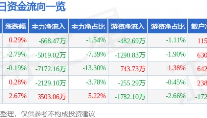 股票行情快报：网宿科技（300017）6月11日主力资金净卖出668.47万元