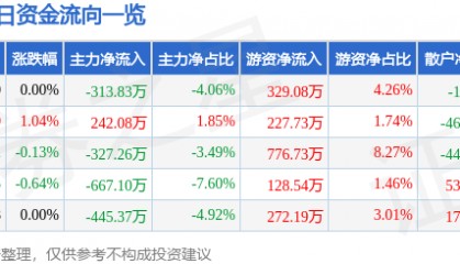 股票行情快报：华昌化工（002274）3月5日主力资金净卖出313.83万元