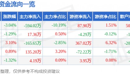 股票行情快报：嘉麟杰（002486）11月22日主力资金净卖出594.02万元