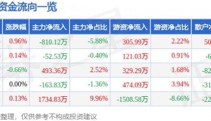 股票行情快报：雅戈尔（600177）6月9日主力资金净卖出810.12万元