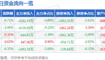 股票行情快报：网宿科技（300017）5月22日主力资金净卖出4392.19万元