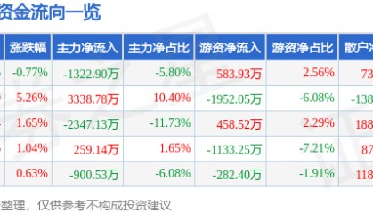 股票行情快报：大东方（600327）2月11日主力资金净卖出1322.90万元