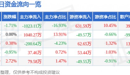 股票行情快报：恒大高新（002591）2月14日主力资金净卖出1023.11万元