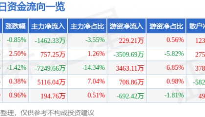 股票行情快报：网宿科技（300017）7月9日主力资金净卖出1462.33万元