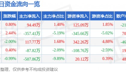 股票行情快报：恒大高新（002591）2月6日主力资金净买入94.49万元
