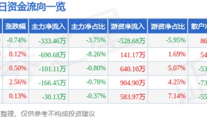 股票行情快报：华昌化工（002274）3月12日主力资金净卖出333.46万元