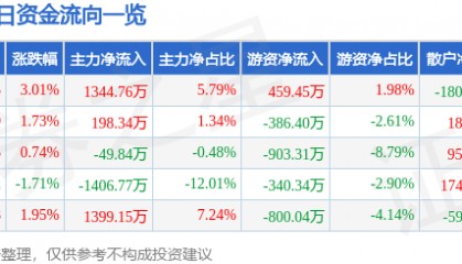 股票行情快报：康强电子（002119）5月6日主力资金净买入1344.76万元