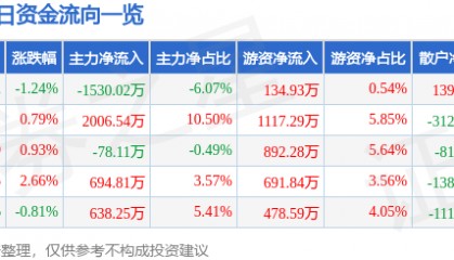 股票行情快报：宁沪高速（600377）1月2日主力资金净卖出1530.02万元