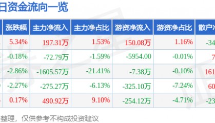 股票行情快报：海德股份（000567）5月6日主力资金净买入197.31万元