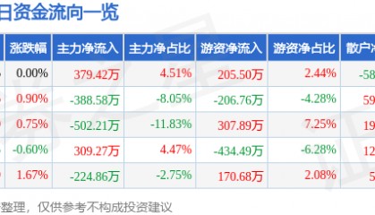 股票行情快报：广济药业（000952）12月13日主力资金净买入379.42万元