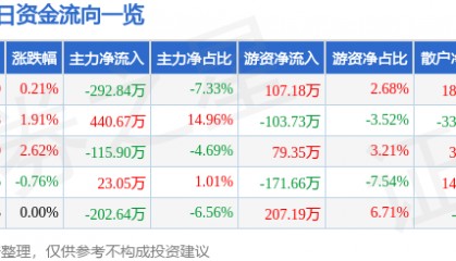 股票行情快报：滨海能源（000695）2月7日主力资金净卖出292.84万元