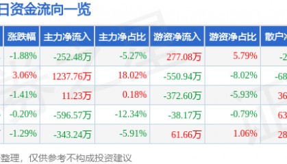 股票行情快报：捷顺科技（002609）5月27日主力资金净卖出252.48万元
