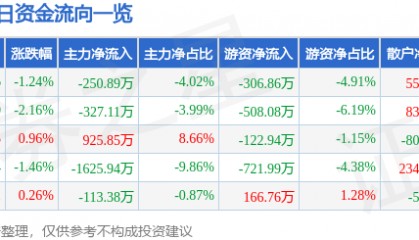 股票行情快报：滨海能源（000695）3月12日主力资金净卖出250.89万元