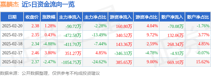 股票行情快报：嘉麟杰（002486）2月20日主力资金净卖出90.72万元