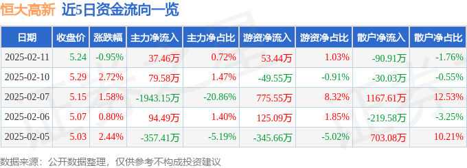 股票行情快报：恒大高新（002591）2月11日主力资金净买入37.46万元