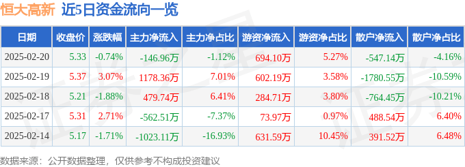 股票行情快报：恒大高新（002591）2月20日主力资金净卖出146.96万元