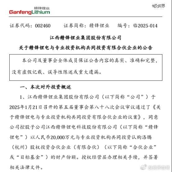 赣锋锂业投了普洛斯