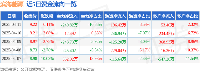 股票行情快报：滨海能源（000695）4月11日主力资金净卖出249.82万元
